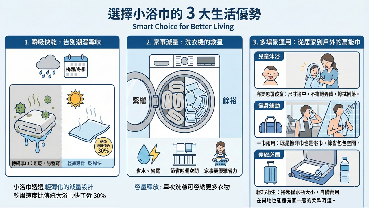 【輕量化生活】告別厚重晾不乾！為什麼越來越多人選擇「小浴巾」？(图2)
